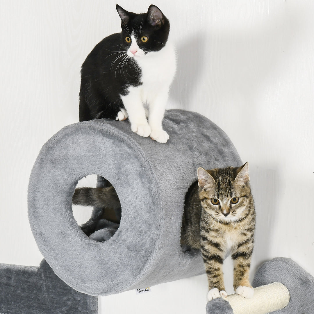 PawHut 4PCs Wall Mounted Cat Tree Cat Wall Furniture with Platforms, Steps, Scratching Post, Perch, Cat Condo for Indoor Cat - Grey