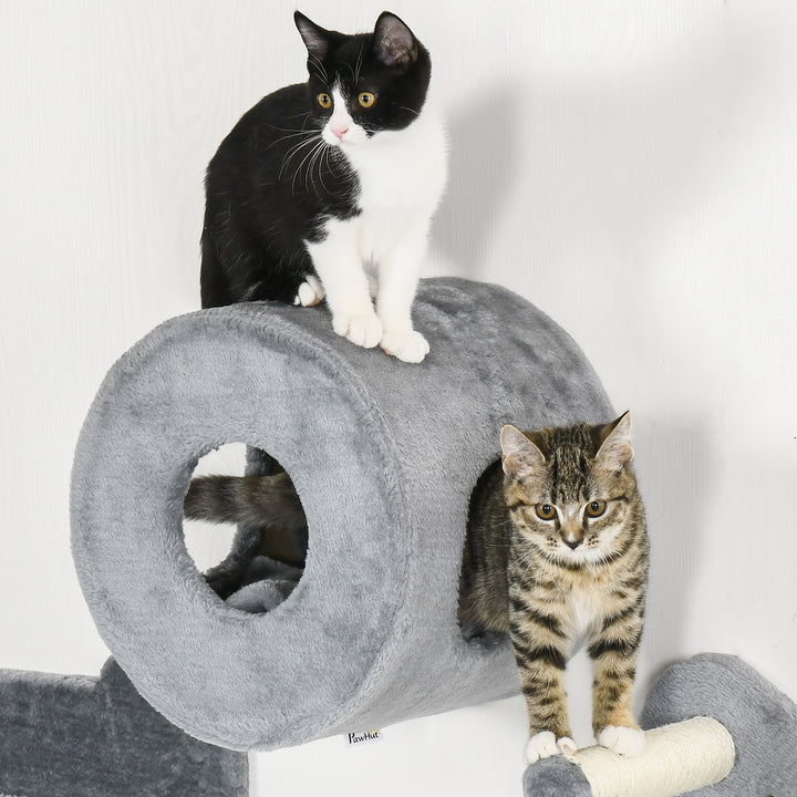 PawHut 4PCs Wall Mounted Cat Tree Cat Wall Furniture with Platforms, Steps, Scratching Post, Perch, Cat Condo for Indoor Cat - Grey