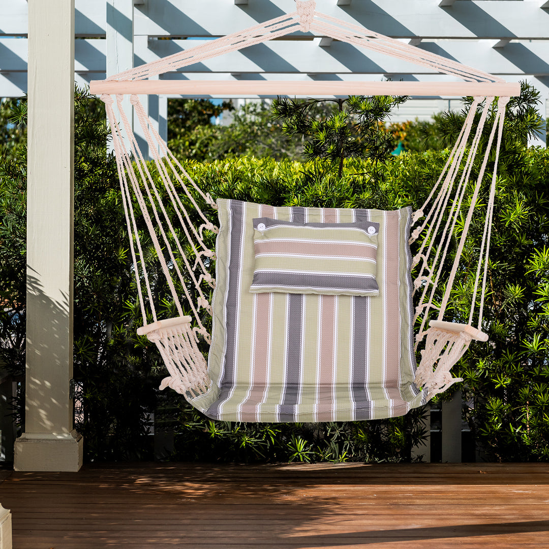 Garden Outdoor Hanging Hammock Chair Thick Rope Frame Wooden Arms Safe Wide Seat Garden Outdoor Spot Stylish Multicoloured stripes