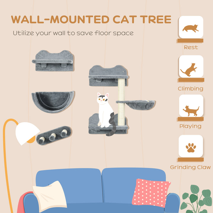 4PCs Wall-Mounted Cat Shelves w/ Scratching Post, Hammock, Nest, Grey and Cream