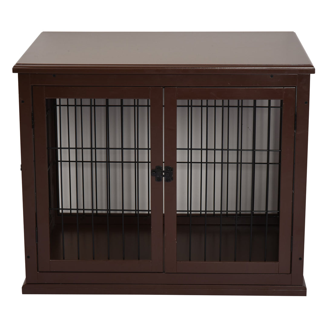 66cm Modern Indoor Pet Cage w/ Metal Wire 3 Doors Latches Base Small Animal House Tabletop Crate Decorative Stylish Brown