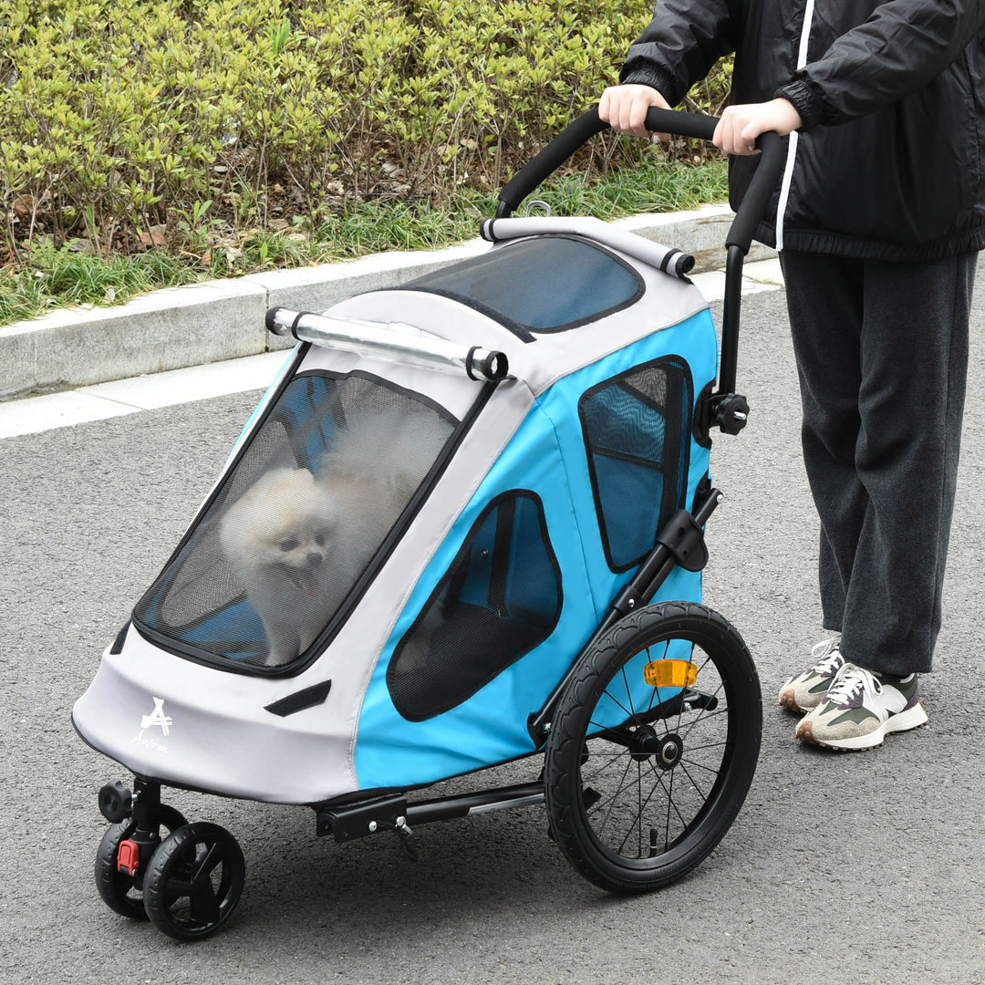 Dog Bike Trailer 2-IN-1 Steel Pet Cart Carrier for Bicycle with 360° Rotatable Front Wheel Reflectors Straps Cup Holder Water Resistant Blue
