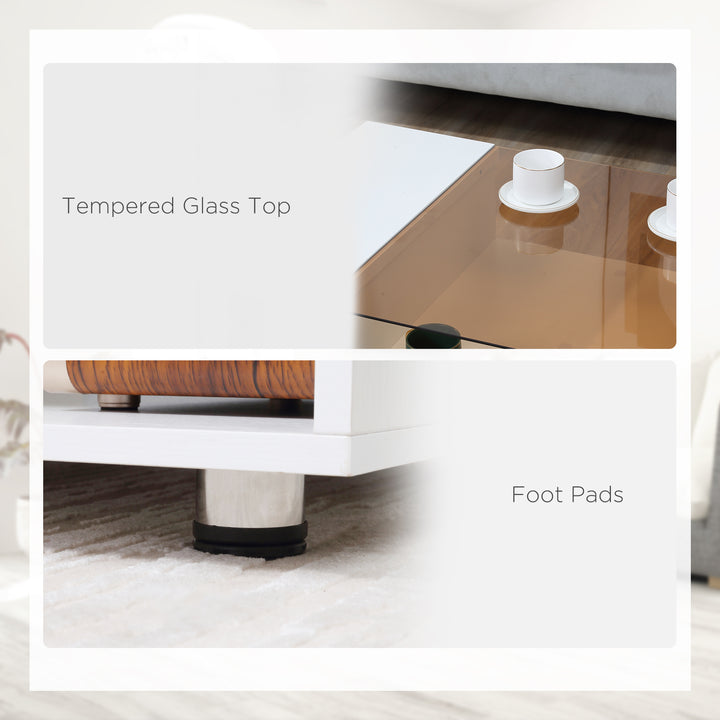 HOMCOM Modern Coffee Table with Tempered Glass Top, Cocktail Table with 3-Tier Storage Shelves for Living Room, White