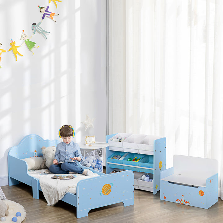 Toddler Bed Kids Bedroom Furniture with Rocket & Plants Patterns Safety Side Rails Slats, Blue