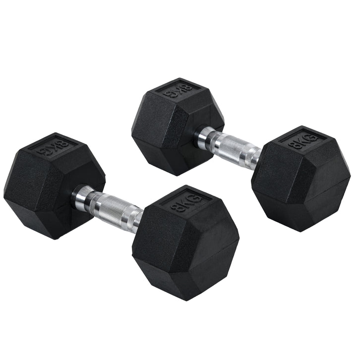 HOMCOM Rubber Hex Dumbbells, Sports Hex Weights Sets, Home Gym Fitness, Hexagonal Dumbbells Kit Weight Lifting Exercise (2 x 8kg)