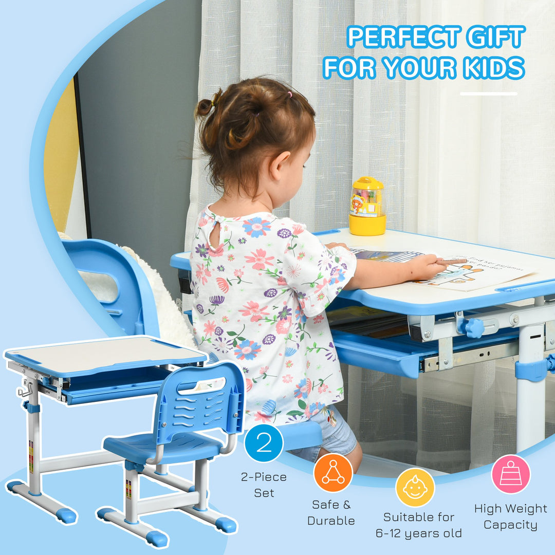 HOMCOM Kids Desk and Chair Set Height Adjustable Student Writing Desk Children School Study Table with Tiltable Desktop, Drawer, Pen Slot, Hook Blue