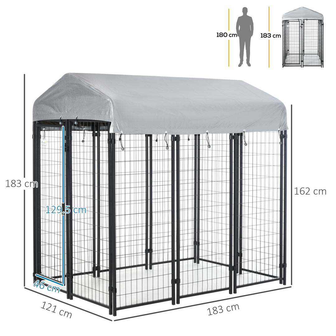 Outdoor Dog Kennel, Dog Run with UV-Resistant Canopy &amp; Lockable Design, Metal Playpen Fence for Large and Medium Dogs, 183 x 121 x 183 cm