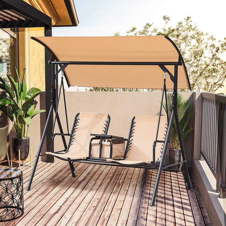 Outsunny 2-Seater Swing Chair Steel Frame Adjustable Canopy Texteline Garden Swing Seat w/ Middle Table Cup Holders Heavy Duty Outdoor Patio - Beige