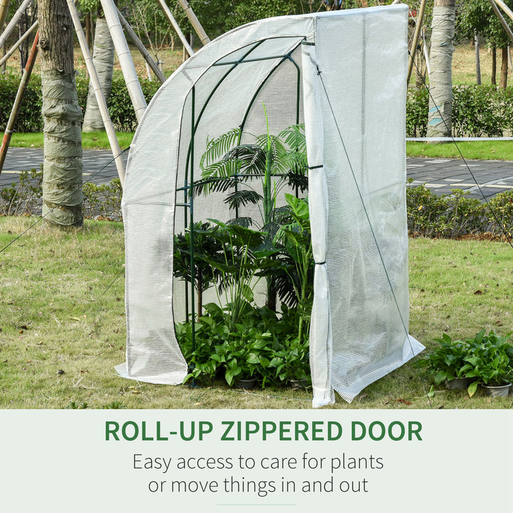 Outsunny Outdoor Walk-In Lean to Wall Greenhouse with Zippered Roll Up Door and PE Cover, 143L x 118W x 212Hcm, White
