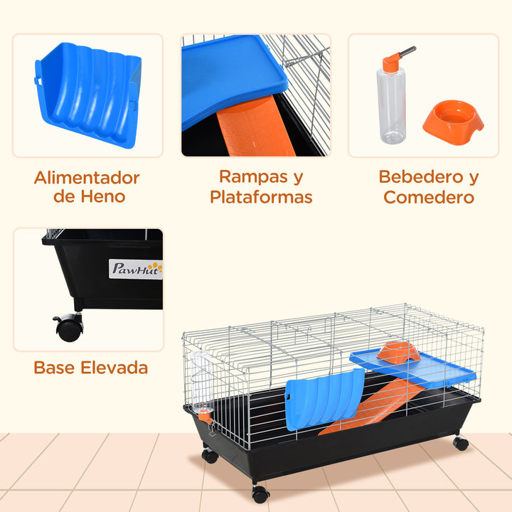 PawHut Steel Small 2-Tier Small Animal Cage w/ Accessories Blue/Orange