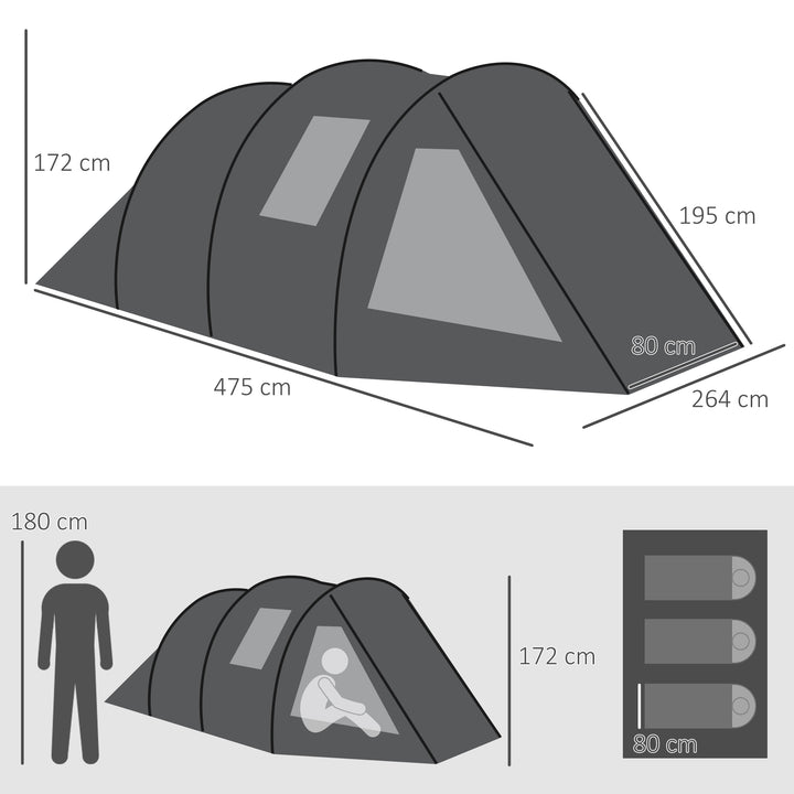 3-4 Man Tunnel Tent, Two Room Camping Tent with Windows and Covers, Portable Carry Bag, for Fishing, Hiking, Sports, Festivals - Black