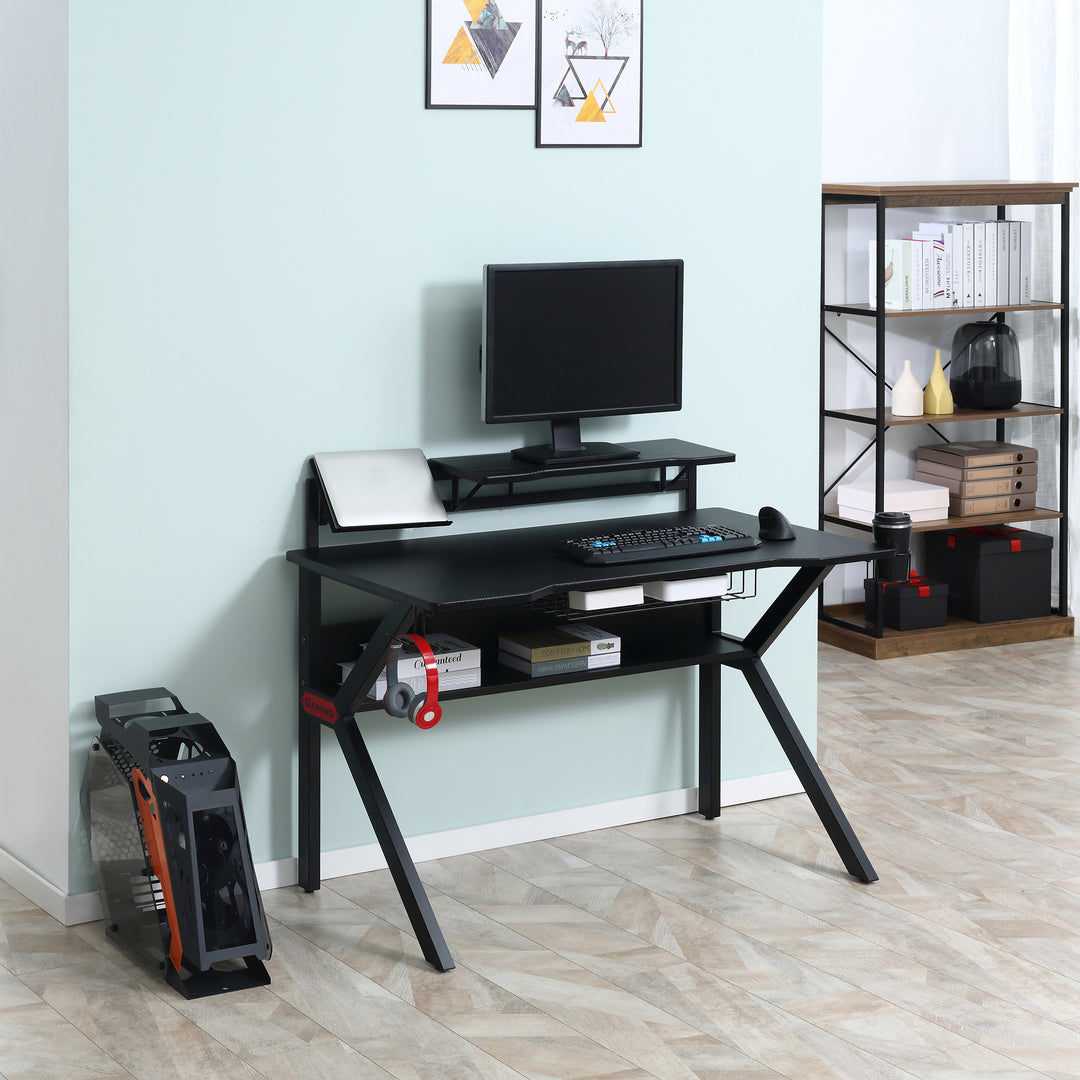Gaming Desk Computer Table Stable Metal Frame Adjustable Feet w/ Cup Holder Headphone Hook, Cable Basket - Black