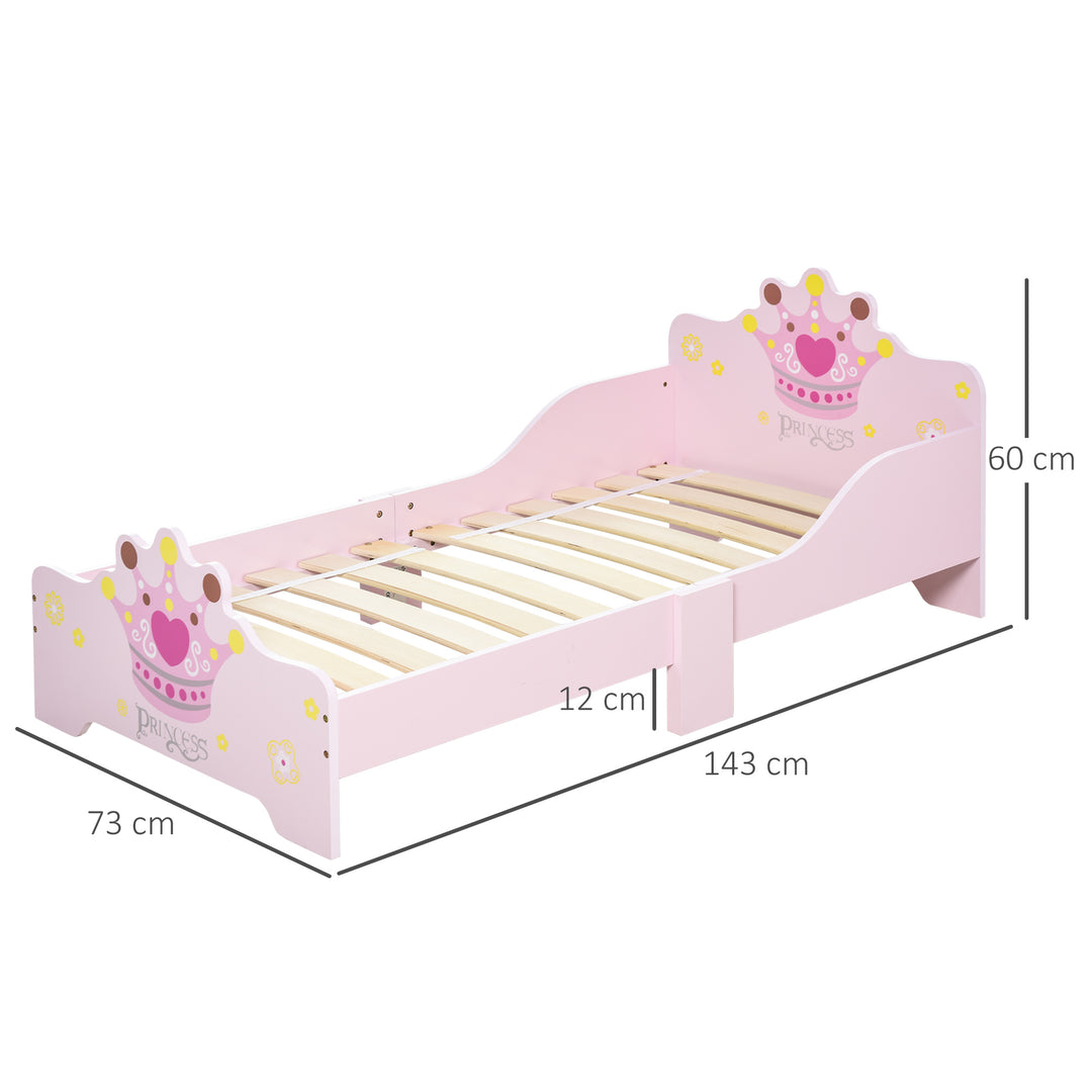 Kids Wooden Bed with Crown Modeling Safety Side Rails Easy to Clean Perfect Gift for Toddlers Girls Age 3 to 6 Years Old Pink