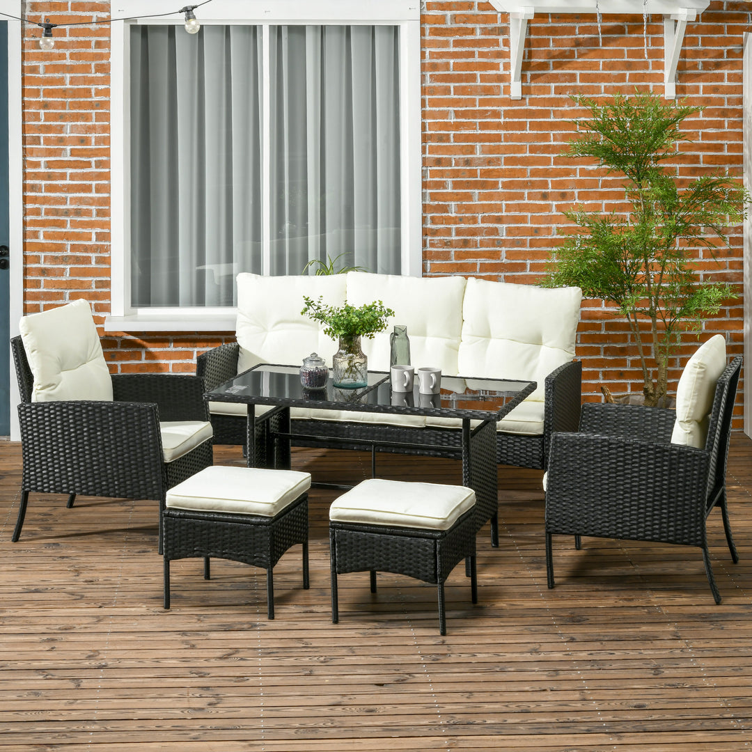 5 Seater Rattan Garden Furniture Set Wicker Sofa Armchairs Footstools and Glass Table Patio Rattan Sofa Sets with Cushions, Black