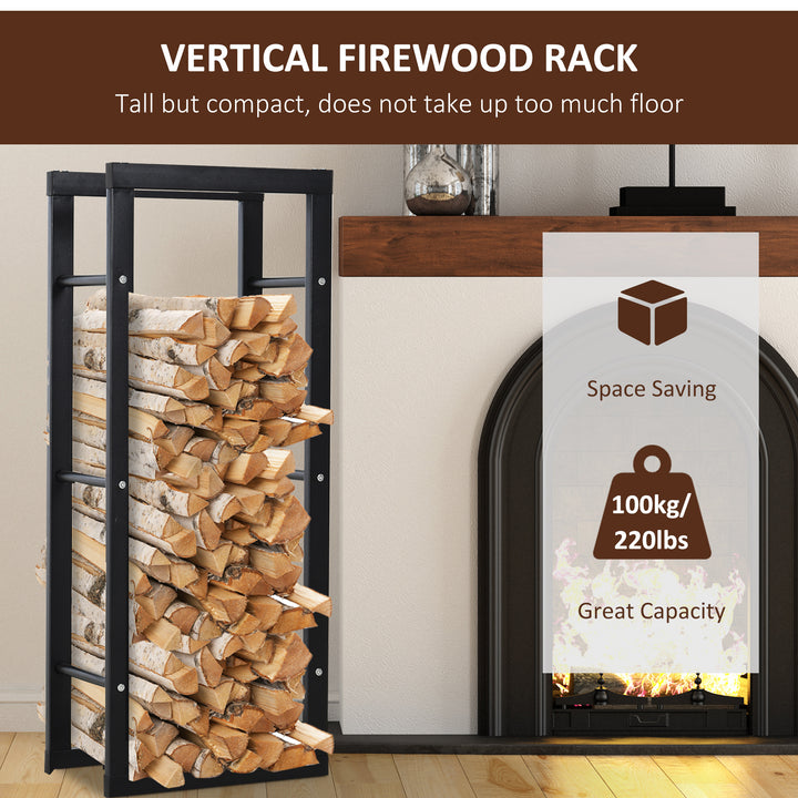 HOMCOM Metal Firewood Log Holder Tall Firewood Rack Indoor Outdoor Fireplace Wood Storage Shelf with Side Rails, Black, 40W x 25D x 100H cm