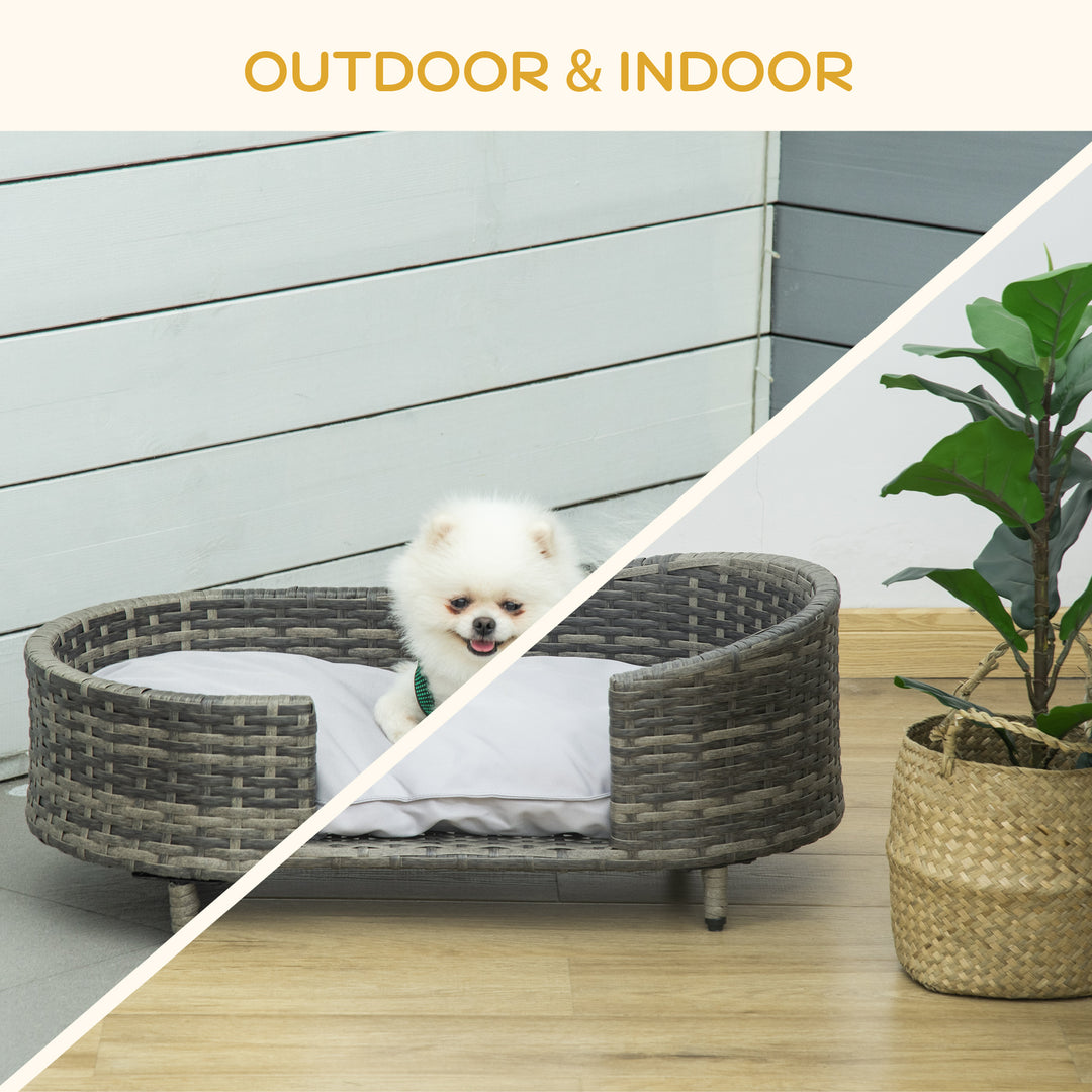 PawHut Elevated Wicker Dog Sofa, Rattan Cat Bed Hand Woven with Soft Cushion, Washable Cover, for Small &amp; Medium Dog, 75 x 42 x 29 cm, Grey