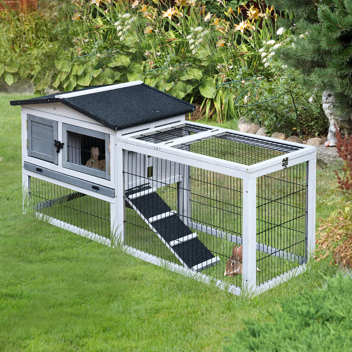 Small Animal Two-Level Fir Wood Hutch w/ Ramp Burnt Grey