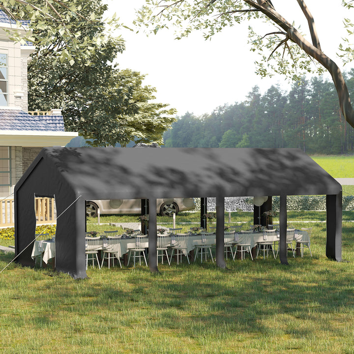 Outsunny 4 x 8 m Patio Garden Party Canopy, Outdoor BBQ, Wedding, Camping Gazebo Tent, Car Canopy Shelter w/ Side Panels &amp; Zipper Door, Dark Grey