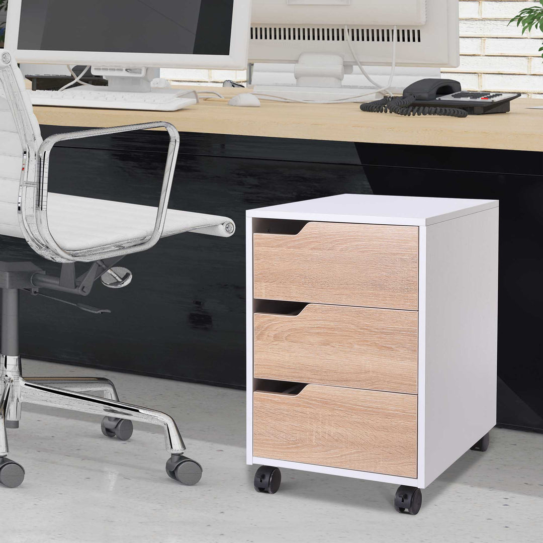 HOMCOM MDF Mobile File Cabinet pedestal with 3 Drawers Lockable Casters Oak and White