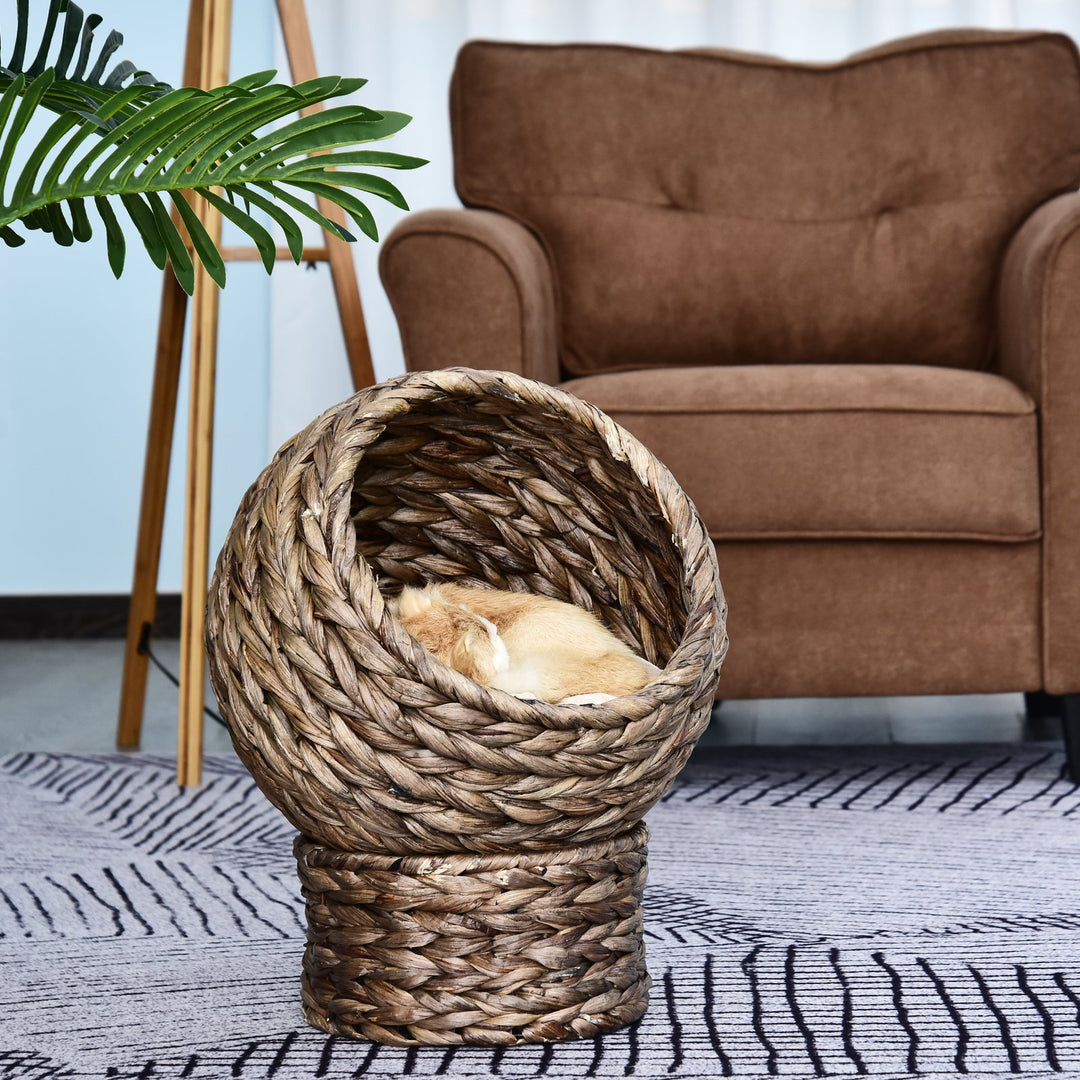 Woven Banana Leaf Elevated Cat Bed House Basket Soft Cushion Dome Basket 42x33x52 cm Dark Brown (base) &amp; Beige (cushion)