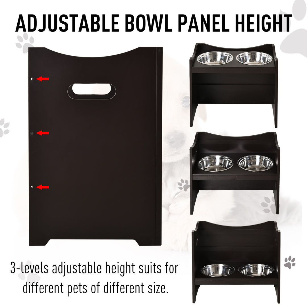 Elevated Duo Pet Feeder w/ 2 Stainless Steel Bowls MDF Frame Adjustable Shelf Handles Raised Dog Cat Food Drink 47x54cm Brown