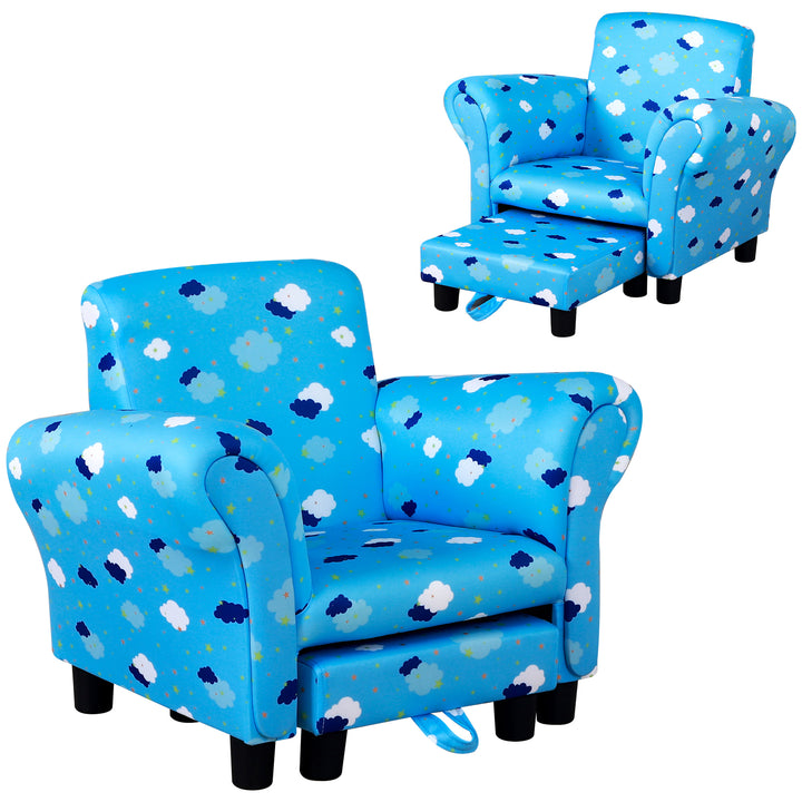 Kids Children Armchair Mini Sofa Wood Frame w/ Footrest Anti-Slip Legs High Back Arms Bedroom Playroom Furniture Cute Cloud Star Blue