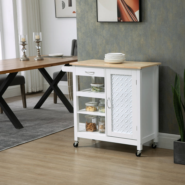 Kitchen Cart on Wheels with Embossed Door Panel, Utility Kitchen Island with Storage Drawer, White