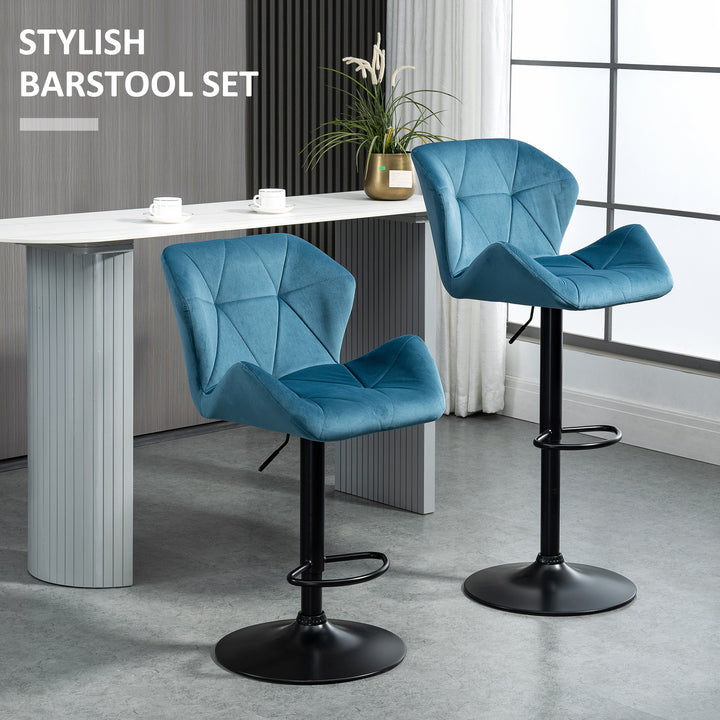 HOMCOM Bar Stools Set Of 2 Luxurious Velvet-Touch Barstools w/ Metal Frame Footrest Round Base Triangle Indenting Moulded Seat Adjustable Height Blue