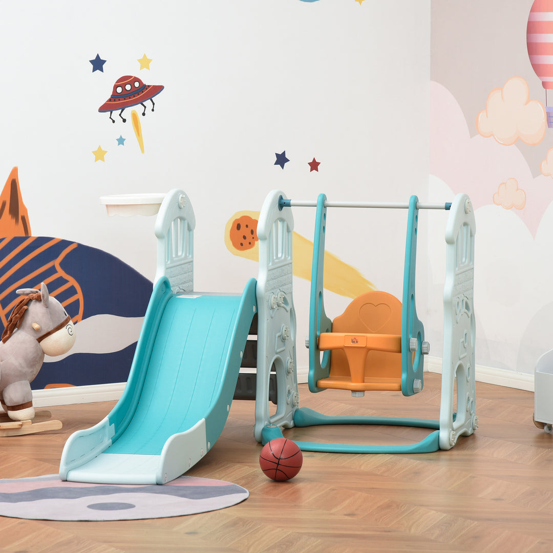 3 in 1 Kids Slide and Swing Set Playset Activity Center with Basketball Hoop Adjustable Height Water-fillable Base Toddler Climber Playground