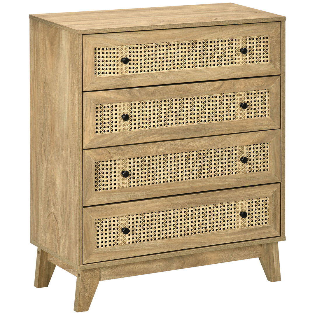 HOMCOM Storage Cabinet, 4-Drawer Unit with Rattan Element for Bedroom, Living Room, 80cmx35cmx95cm, Wood Effect