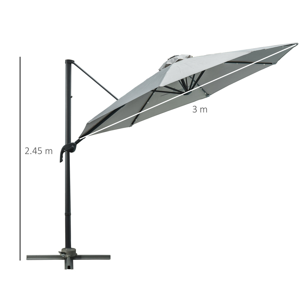 Outsunny 3(m) Cantilever Roma Parasol Patio Sun Umbrella with LED Solar Light Cross Base 360° Rotating Outdoor, Grey