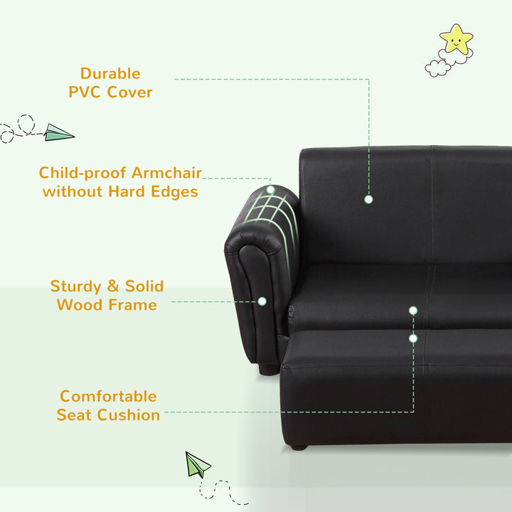 2 Seater Toddler Chair Kids Twin Sofa Childrens Double Seat Chair Furniture Armchair Boys Girls Couch w/ Footstool (Black)