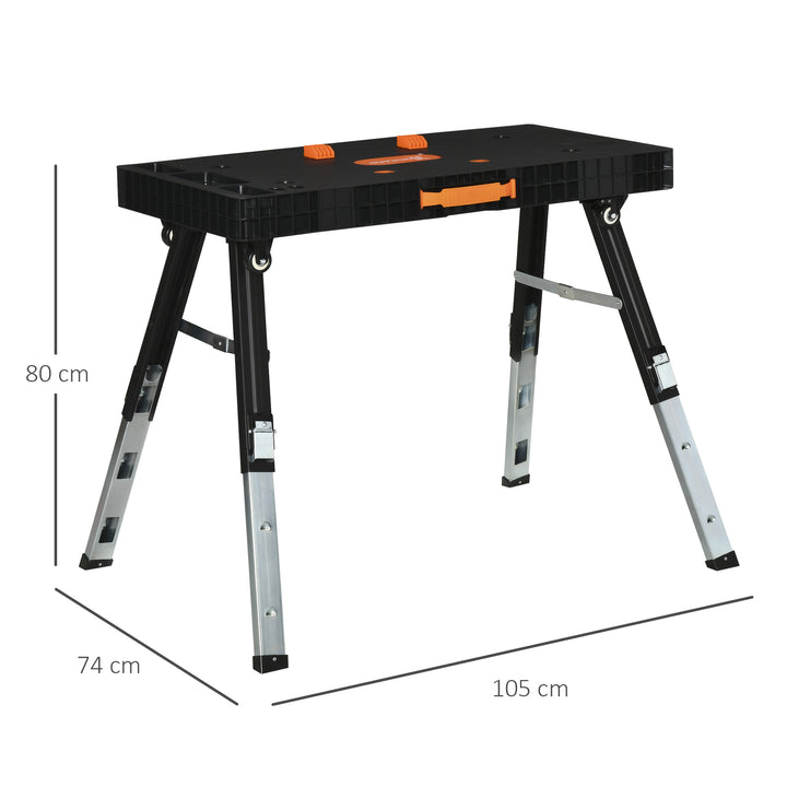 DURHAND 5 In 1 Folding Workbench, Adjustable Work Bench, Sawhorse, Dolly, Creeper with Wheels, Printed Scale and Angle for Home, Garage, Black