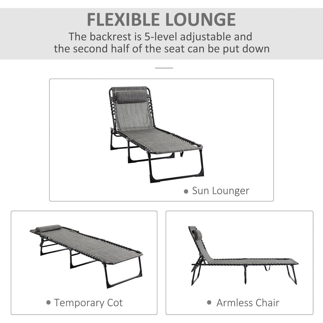 Outsunny Portable Sun Lounger, Folding Camping Bed Cot, Reclining Lounge Chair 5-position Adjustable Backrest with Pillow, Mixed Grey