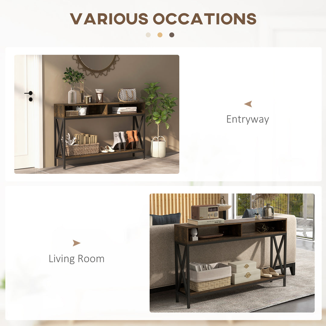 Console Table, Entryway Table with 3 Compartments, Metal Frame, Adjustable Feet for Living Room, Hallway, Rustic Brown