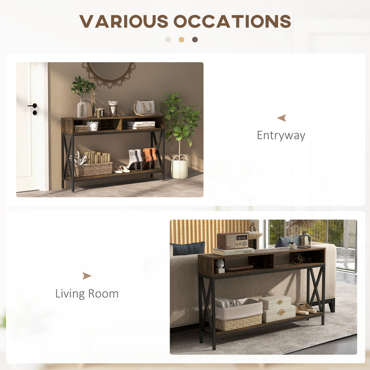 Console Table, Entryway Table with 3 Compartments, Metal Frame, Adjustable Feet for Living Room, Hallway, Rustic Brown