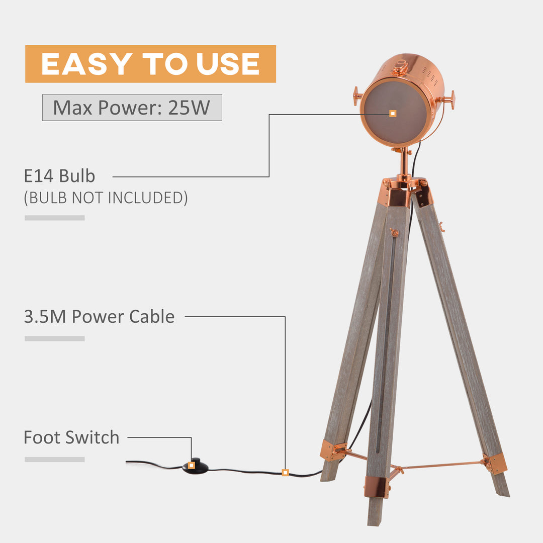 Industrial Tripod Floor Lamp, Nautical Searchlight with Adjustable Height, Wood Legs, E12 Lamp Base for Living, Bedroom, Grey and Rose Gold