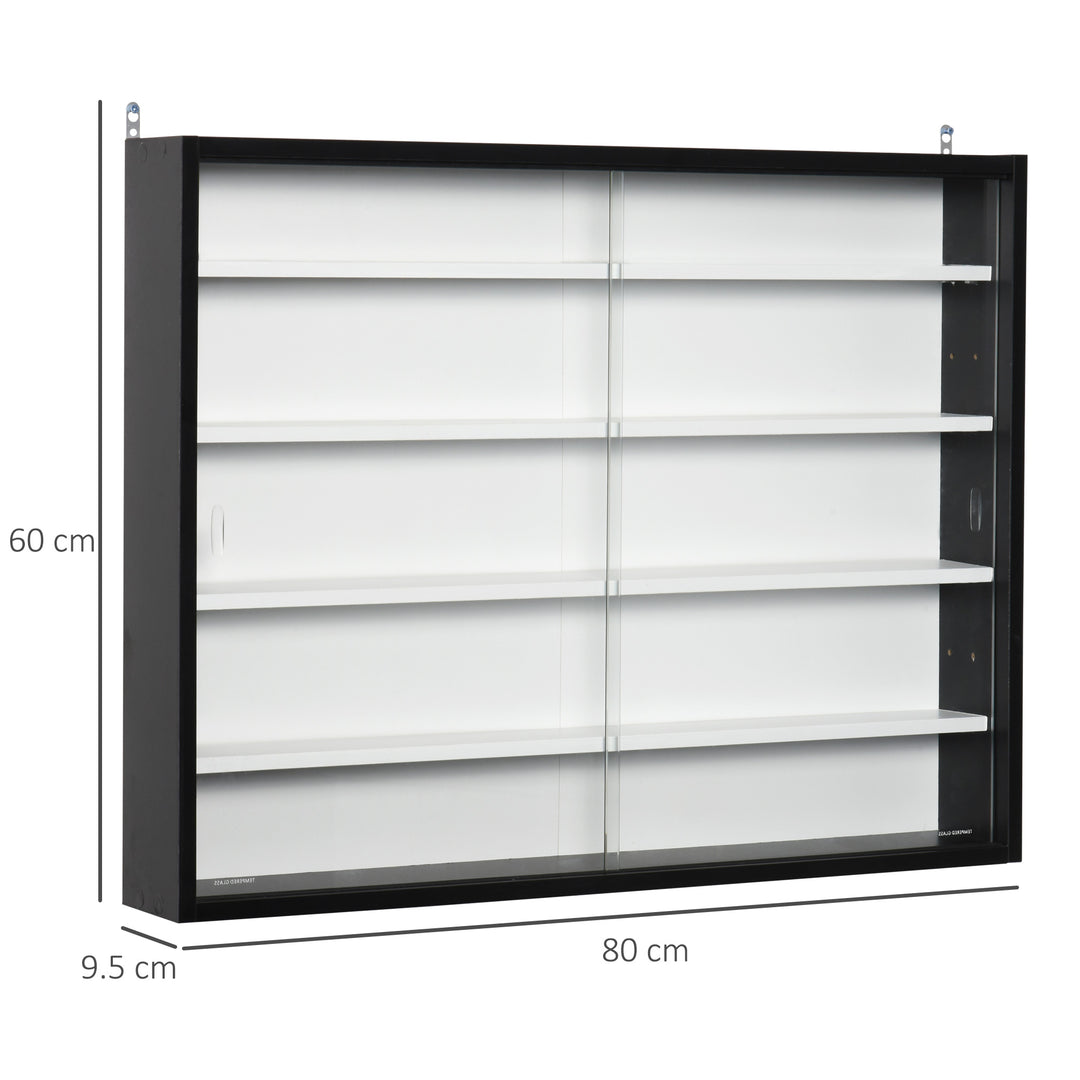 5-Tier Wall Display Shelf Unit Cabinet w/ 4 Adjustable Shelves Glass Doors Home Office Ornaments 60x80cm Black/White