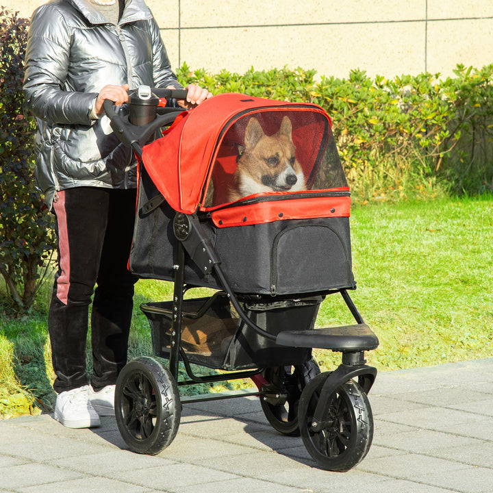 Oxford Cloth Folding 3-Wheel Pet Stroller Dog Trolley Red/Black