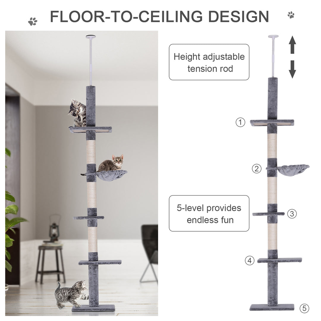 PawHut Cats Floor to Ceiling Scratching Post w/ 5-Tier Plush Leisure Platforms Grey