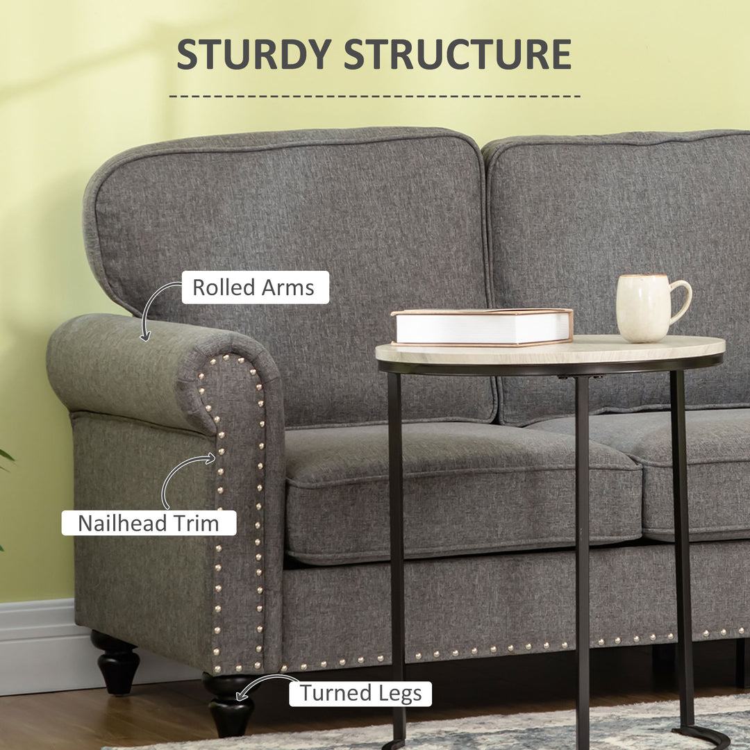 HOMCOM 3 Seater Sofas for Living Room, Fabric Couch with Nailhead Trim, Rolled Arms and Cushions, Grey