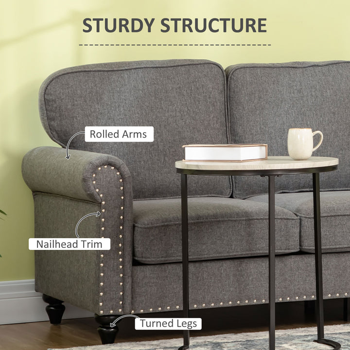 HOMCOM 3 Seater Sofas for Living Room, Fabric Couch with Nailhead Trim, Rolled Arms and Cushions, Grey