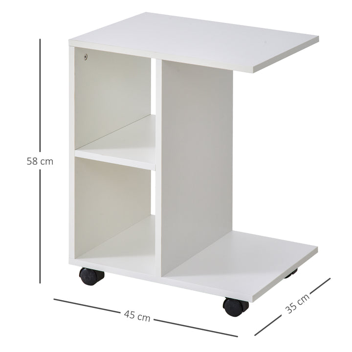 C-Shape End Table Unique Storage Unit w/ 2 Shelves 4 Wheels Freestanding Home Office Furniture Cabinet Square Studio White