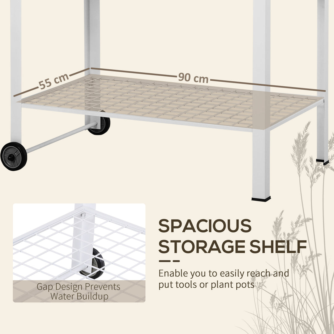 Garden Outdoor Metal Potting Table Bench Planting Workstation Push Cart with Wheels Side Hanger - White