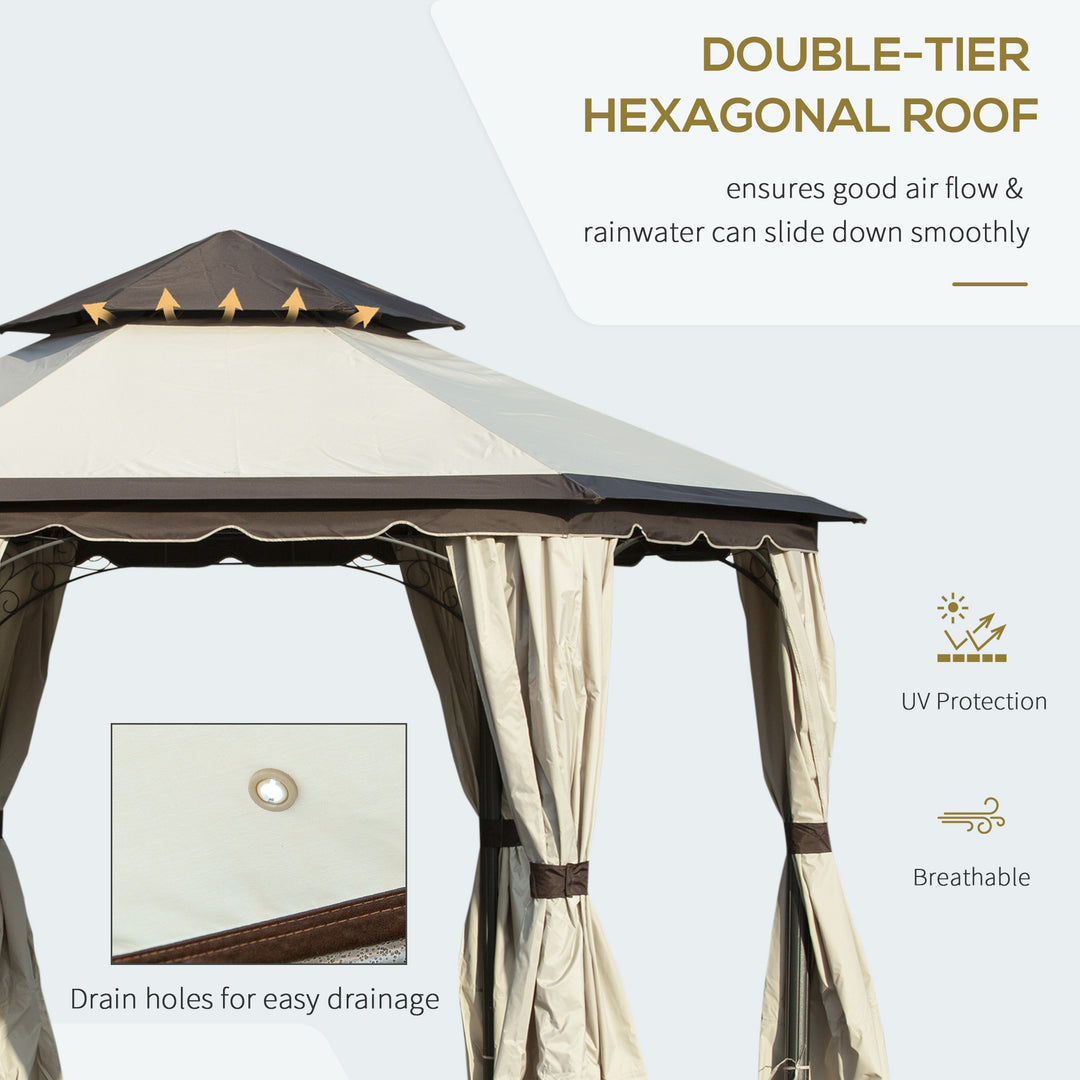 Outsunny 3.4m Steel Gazebo Canopy Party Tent Garden Pavilion Patio Shelter with Curtains &amp; 2 Tier Roof, Beige