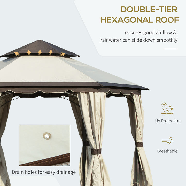 Outsunny 3.4m Steel Gazebo Canopy Party Tent Garden Pavilion Patio Shelter with Curtains &amp; 2 Tier Roof, Beige