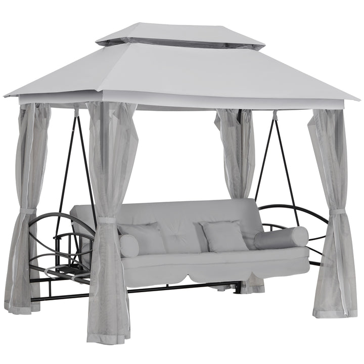 Outsunny 2-in-1 Convertible Swing Chair Bed 3 Seater Hammock Gazebo Patio Bench Cushioned Seat Mesh Curtains - Grey