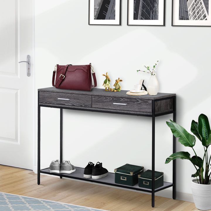 Console Table Worktop Bottom Shelf Home Two Drawer Industrial Minimal Style Grey Wood Tone Effect