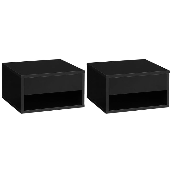 2 Pieces Bedside Table Wall Mounted Nightstand with Drawer and Shelf for Bedroom, 37 x 32 x 21cm, High Gloss Black