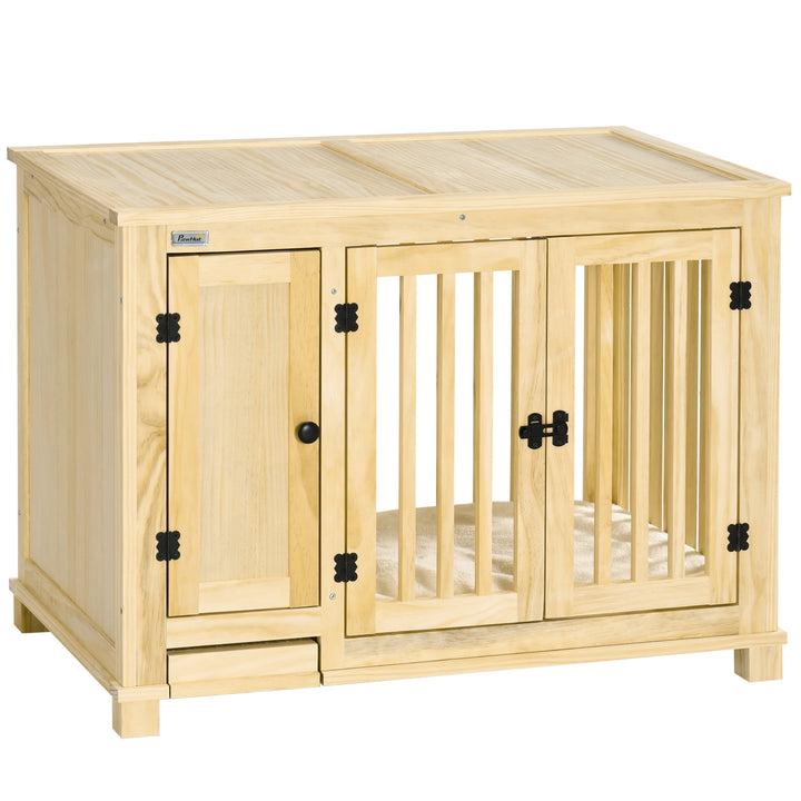 PawHut Dog Crate Furniture with Drawer Bowl, Wooden Dog Cage with Storage Cushion for Small Dogs, Natural